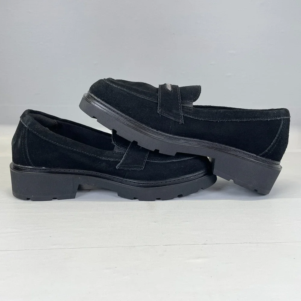 Clarks Lauryl Step Shoes Womens Size 7.5 M Black Suede Slip On Penny Loafers